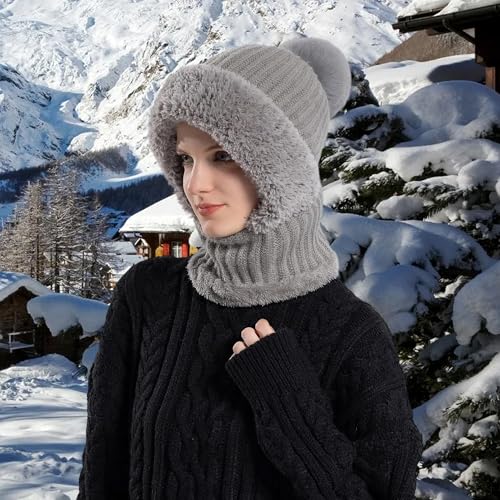 HUAMULAN Women Winter Knit Beanie Hats One Piece Fleece Lined Balaclavas - color: Gray + Faux Fur