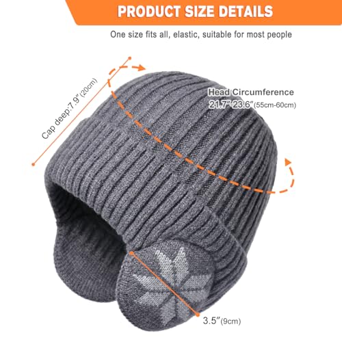 Knit Beanie Hat with Earflaps – Winter Warm Thick Fleece Lined Ski Skull Cap for Men Women - color: Grey