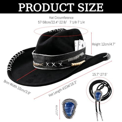 Black Cowboy Hat for Men Women Felt Western Hat with Blue Stone Necklace