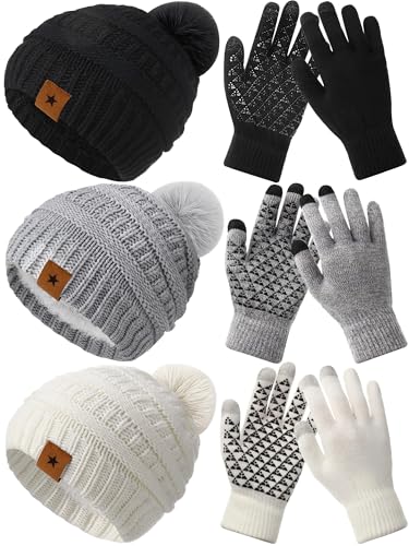 JaGely 6 Pcs Women Winter Beanie Hat Gloves Set Warm Knitted Hats and Touchscreen Gloves Lady Cold Winter Gifts for Christmas - color: Black, Grey and White