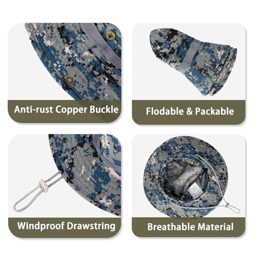 Sun Hats for Men Women Bucket Hat UPF 50+ Boonie Fishing Safari Hat - color: Blue Digital