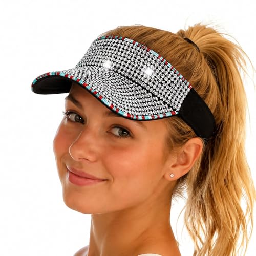 Shiny Women's Bling Rhinestone Visor Sun Protection for Tennis Golf Beach - color: Blacksliverf
