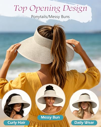 3 Pack Women's Straw Sun Visor Hat,Outdoor Wide Brim UV Protection Foldable,Adjustable Packable Ponytail Summer Sun Hat - color: 3 Pack Beige