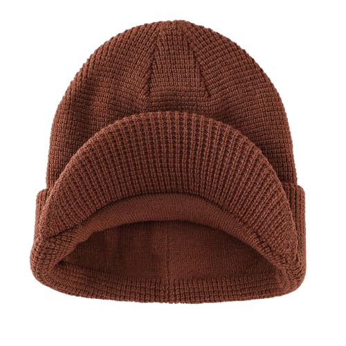 Home Prefer Mens Wool Blend Winter Hat Double-Layer Warm Knit Pre-Curve Visor Beanie Brimmed Beanies Hat for Men Women - color: Brown