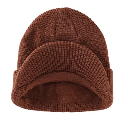 Home Prefer Mens Wool Blend Winter Hat Double-Layer Warm Knit Pre-Curve Visor Beanie Brimmed Beanies Hat for Men Women - color: Brown