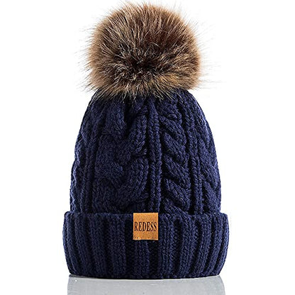 REDESS Women Winter Pompom Beanie Hat with Warm Fleece Lined Thick Slouchy Snow Knit Hat Skull Ski Cap - color: Navy