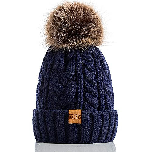 REDESS Women Winter Pompom Beanie Hat with Warm Fleece Lined Thick Slouchy Snow Knit Hat Skull Ski Cap - color: Navy