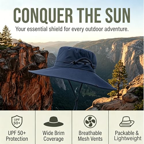 Fishing Sun Hat for Men UPF 50+ Wide Brim Boonie Hats for Summer - color: Navy Blue