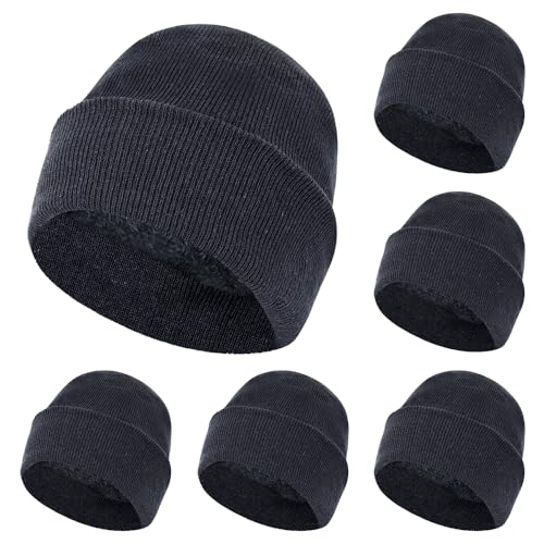 ZH 6 Pack Men's Winter Knit Beanies with Fleece Lining, Warm Stretchy Skull Caps for Cold Weather, Unisex Thermal Hats - color: Dark-gray