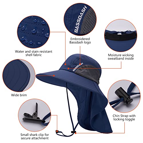BASSDASH UPF 50+ Unisex Water Resistant Wide Brim Sun Hat with Large Neck Flap Ponytail Fishing Hat for Men Women - color: Dark Blue