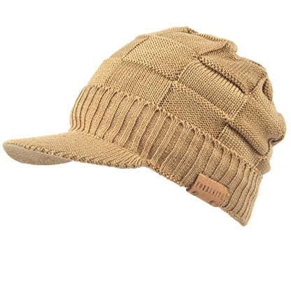 Ruphedy Mens Beanie with Brim Winter Hat Knitted Thick Fleece Visor Beanie - color: B322-khaki