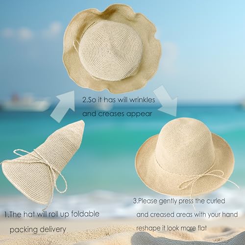 Womens Summer Straw Beach Sun Hats Packable Foldable Bucket - color: Pink