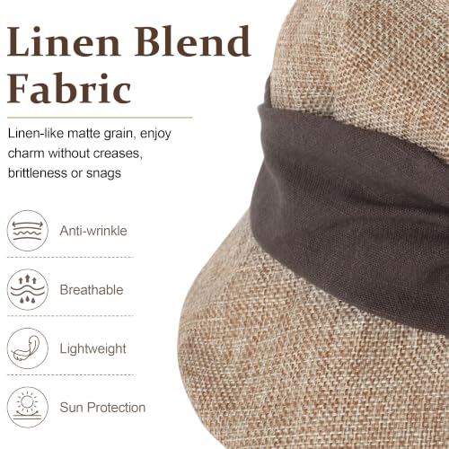 Babalet Women Summer Bucket Sun Hat Lightweight Beach Faux Linen Blend Bucket Hat Adjustable Foldable UV Protection Beach Cap - color: Marled Beige / Brown Band