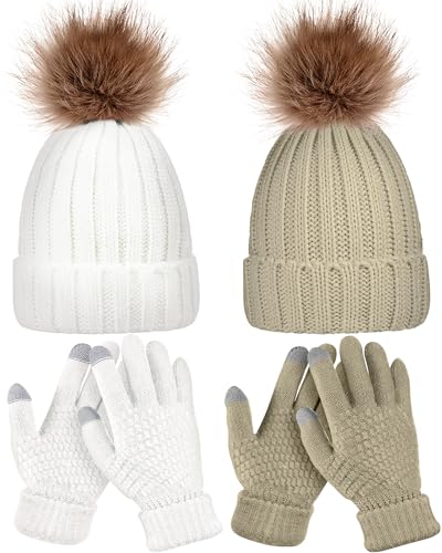 Syhood 4 Pcs Hat and Glove Set Winter Beanie and Glove Set - color: White and Beige