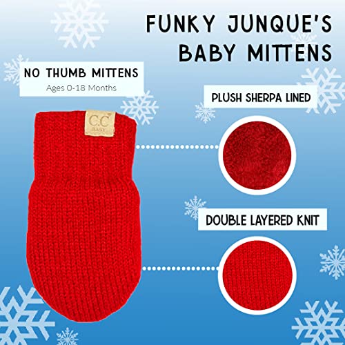 Funky Junque Baby Double Faux Fur Pom Pom Beanie & Mittens Set – Newborn Infant 0–9 Months Winter Hat with Soft Lined Mittens - color: Red (0-9 Months)