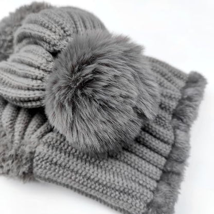 HUAMULAN Women Winter Knit Beanie Hats One Piece Fleece Lined Balaclavas - color: Gray + Faux Fur