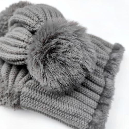 HUAMULAN Women Winter Knit Beanie Hats One Piece Fleece Lined Balaclavas - color: Gray + Faux Fur
