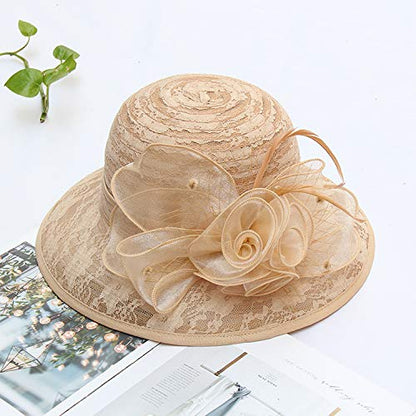 Women's Organza Derby Fascinator Hat Cloche Bowler Hat Cocktail Tea Party Wedding Sun Hat - color: A4-khaki