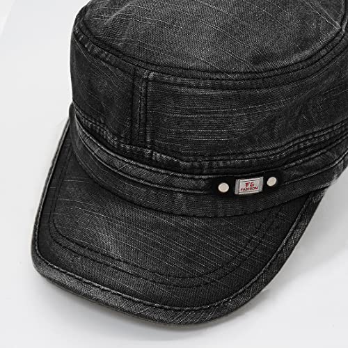 Unisex Cadet Army Cap Adjustable Flat Top Cap Washed Cotton Military Hat Baseball Cap - color: Black