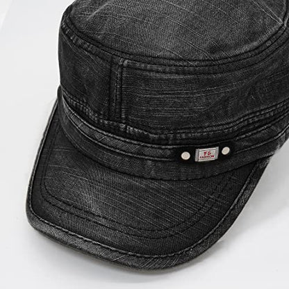 Unisex Cadet Army Cap Adjustable Flat Top Cap Washed Cotton Military Hat Baseball Cap - color: Black