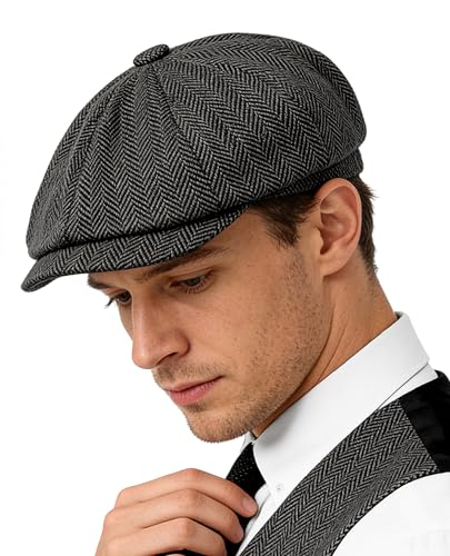 Adult 1920s Newsboy Cap for Men British Gangster Style Costume Baker Wool 8-piece Cap Halloween - color: Grey Herringbone, size: L (23.6")