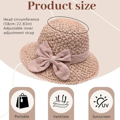 Elegant Woven Straw Sun Hat with Bow, Straw Hat with Retro Bow for Women Wide Brim Packable Travel Bucket Hats - color: Beige
