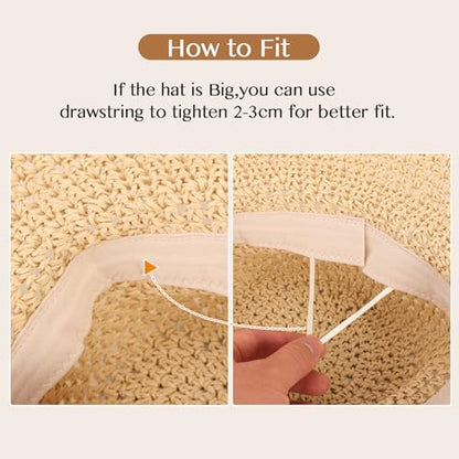 Oweisong Sun Hats for Women Wide Brim Floppy Beach Hats Packable Boho Crochet Straw Hat for Summer Vacation Travel - color: Begie