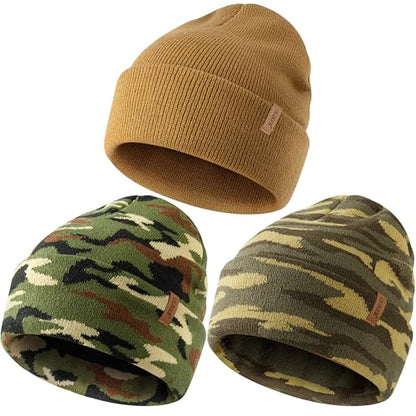 3 Pack Beanie for Men Women, Winter Double Layer Warm Hat Skull Cap - color: Camouflage 1+camouflage 2+brown