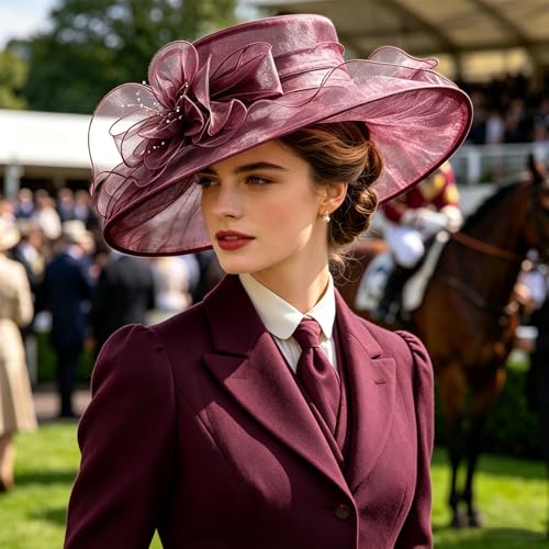 AQOKKA Women Organza Church Fascinators Kentucky Derby Hats for Women and Girls Wedding Flower Tea Party Hat with Wide Brim - color: Burgundy
