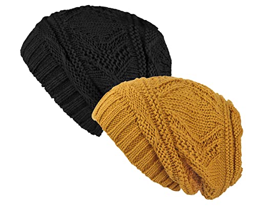 Lilax Knit Slouchy Oversized Soft Warm Winter Beanie Hat - color: Black/Mustard - 2 Pack