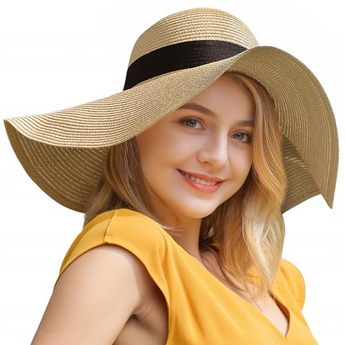 Beach Hats for Women, UPF 50+ Packable Floppy Lace Trim Sun Hat - color: Beige