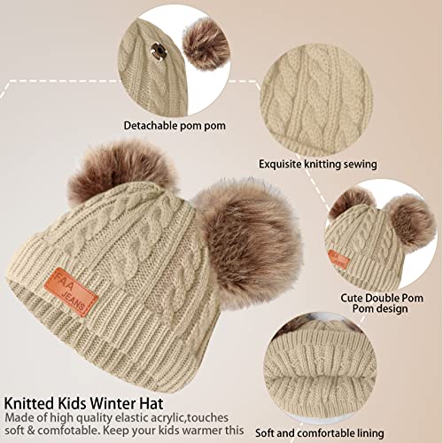 Kids Winter Beanie Hat Scarf Gloves Set,Toddlers Knit Winter Warm Double Pompom Cap Scarf Gloves for Girls Boys 1-5 Years Old - color: Beige