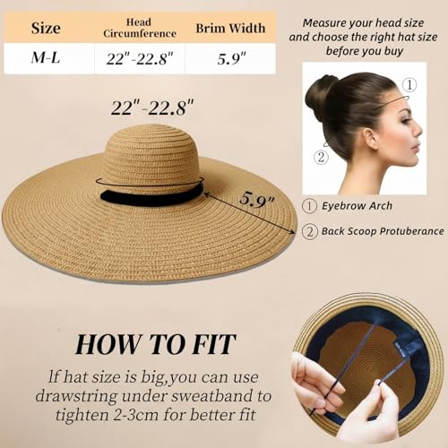 Oversized Beach Straw Hats for Women Floppy, Extra Large Sun Visor Hat Wide Brim Summer Roll Up Big Beach Hat Women Foldable - color: Diameter 50cm Khaki-1