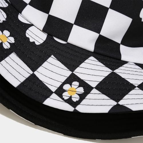 Bucket Hat for Women Men, Cotton Reversible Double Side Wear Sun Hats Beach Fisherman Hat - color: Small Checkered Flowers Black