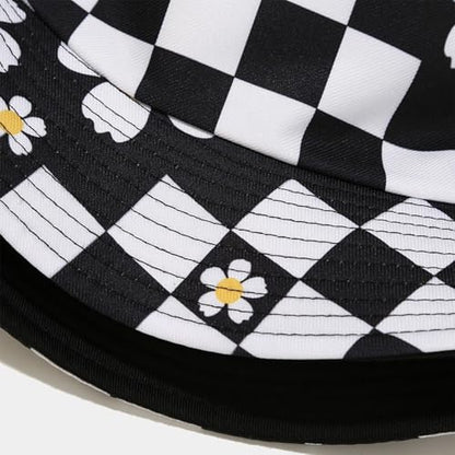 Bucket Hat for Women Men, Cotton Reversible Double Side Wear Sun Hats Beach Fisherman Hat - color: Small Checkered Flowers Black