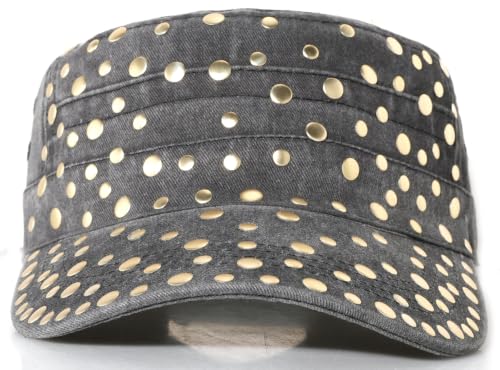 Studded Military Cap for Women Men Cadet Army Cap Flat Top Hat - color: Black