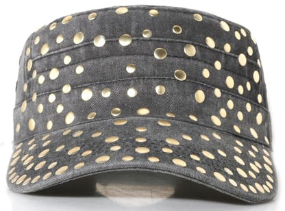 Studded Military Cap for Women Men Cadet Army Cap Flat Top Hat - color: Black