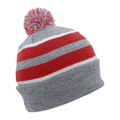 Pacific Headwear Unisex Adult Pacific Headwear Knit Fold Over Pom-pom Beanie - color: Heather/Red/White, size: One Size