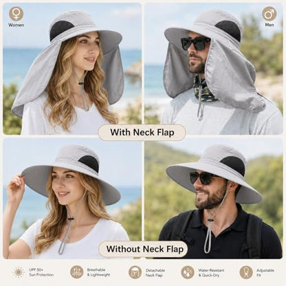 HUAMULAN Women Men Wide Brim Sun Hat Hiking Fishing Hats with Neck Flap - color: Yq005-lightgray