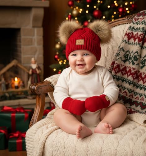 Funky Junque Baby Double Faux Fur Pom Pom Beanie & Mittens Set – Newborn Infant 0–9 Months Winter Hat with Soft Lined Mittens - color: Diagonal Basketweave: Red (0-9 Months)