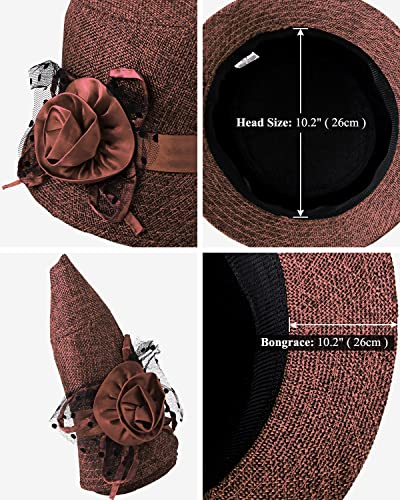 1920s Gatsby Church Cloche Derby Hats for Women Ladies Bow Bucket Wedding Bowler Hats Tea Party - color: Brown