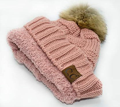 C.C Knit Beanie Hat – Fuzzy Fleece Lined Warm Winter Hat, Faux Fur Pom Soft Stretchy Slouchy Knit Cap, Cold Weather Beanie - color: Indi Pink