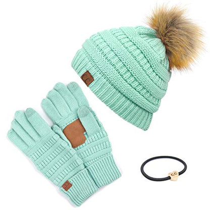 C.C Hatsandscarf Exclusives Unisex Solid Ribbed Beanie with Pom (HAT-43) - color: A Gift Set-mint