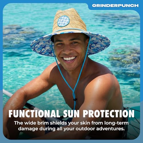 grinderPUNCH Straw Sun Hat for Men Women Wide Brim Beach Fishing UPF 50 - color: White & Blue Floral