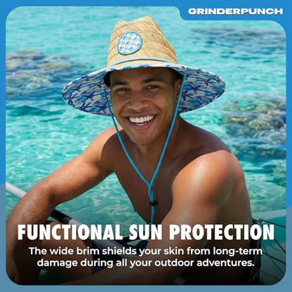 grinderPUNCH Straw Sun Hat for Men Women Wide Brim Beach Fishing UPF 50 - color: White & Blue Floral