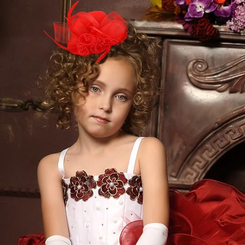Zinniday Tea Party Hat Fascinators - Red Mini Top Derby Fascinator Small Kentucky Hats with Clip, 20s 50s Church Tea Party Hair Accessories with Flower and Feather for Women Ladies Girls - color: Red