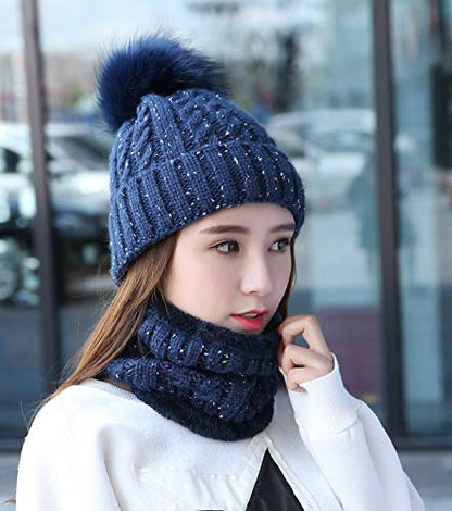 IYEBRAO Womens Winter Knit Beanie Hat and Scarf Set Girls Cute Slouchy Thick Fleece Lined Ski Hat Warm Skull Cap with Pom - color: Navy Blue