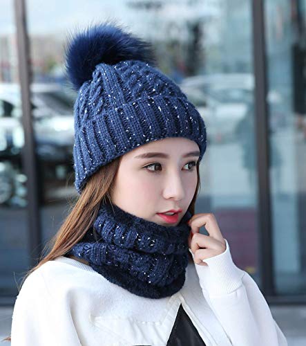 IYEBRAO Womens Winter Knit Beanie Hat and Scarf Set Girls Cute Slouchy Thick Fleece Lined Ski Hat Warm Skull Cap with Pom - color: Navy Blue