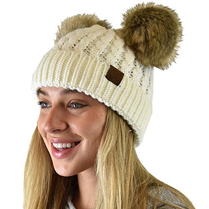 C.C 2 Ear Pom Pom Cable Knit Soft Stretch Cuff Skully Beanie Hat - color: Faux Fur Ivory