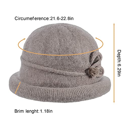 Women Winter Knit 1920s Vintage Bucket Bowler Hat Round Brim Warm Hat - color: 1khaki